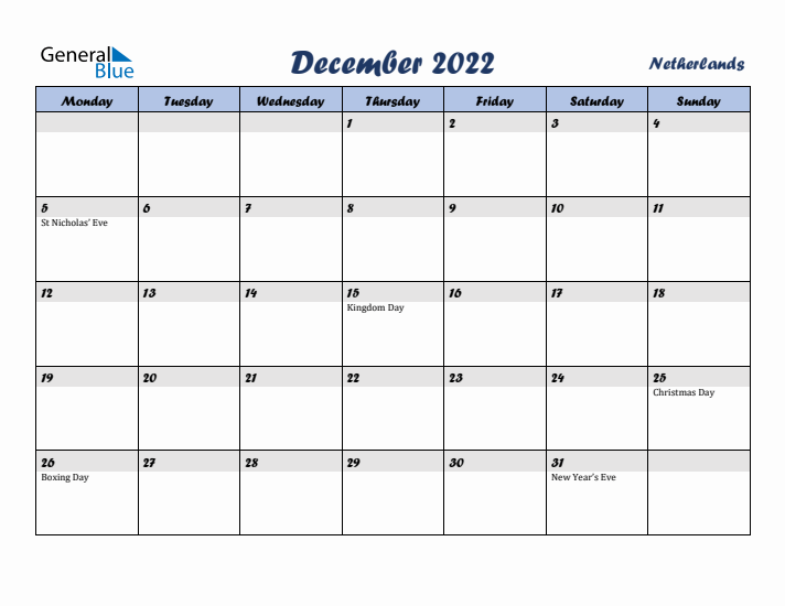 December 2022 Calendar with Holidays in The Netherlands