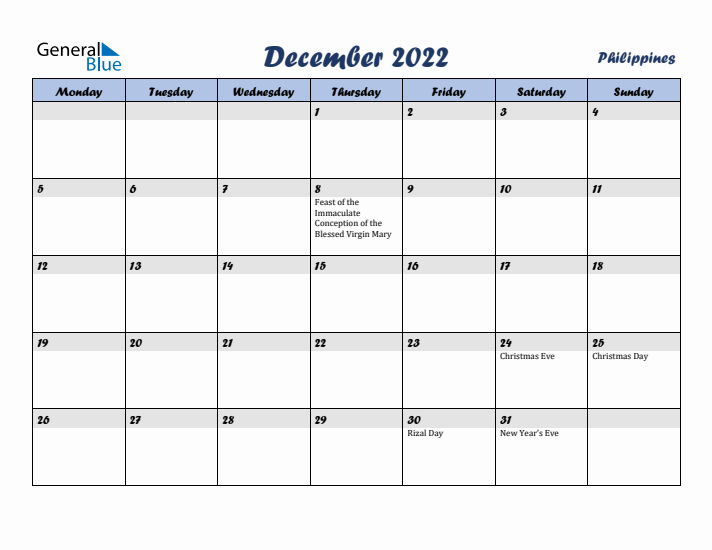 December 2022 Calendar with Holidays in Philippines