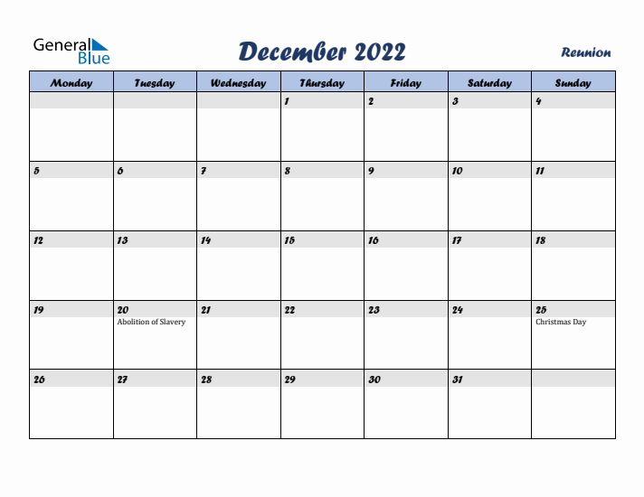 December 2022 Calendar with Holidays in Reunion