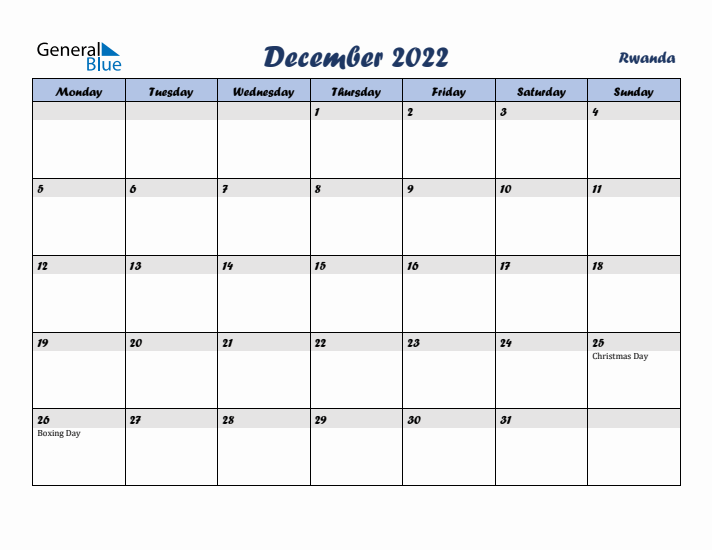 December 2022 Calendar with Holidays in Rwanda