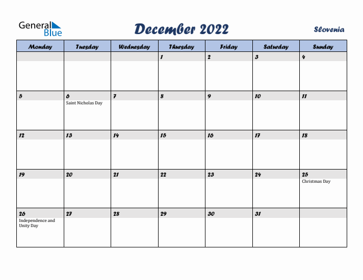 December 2022 Calendar with Holidays in Slovenia