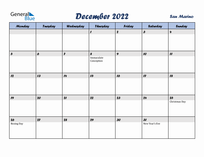 December 2022 Calendar with Holidays in San Marino