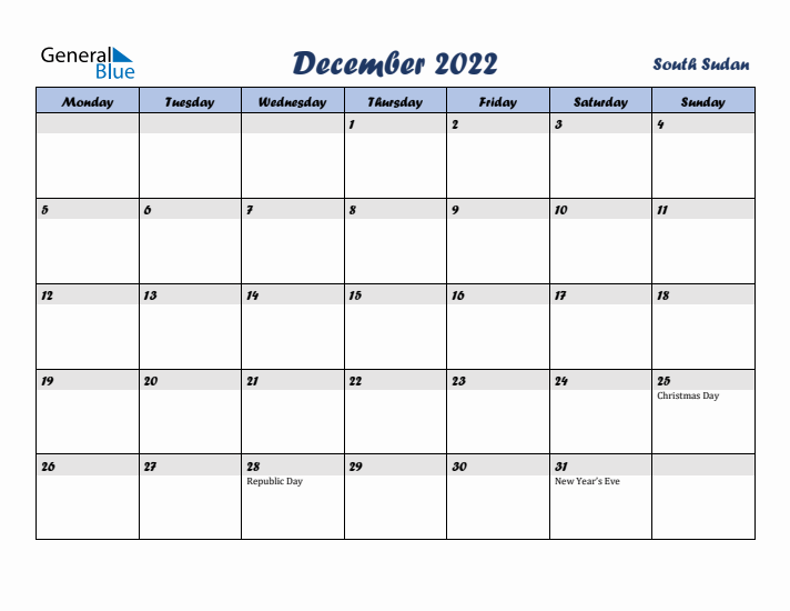 December 2022 Calendar with Holidays in South Sudan