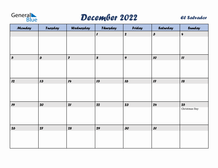 December 2022 Calendar with Holidays in El Salvador