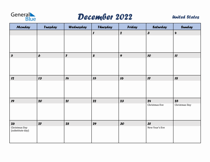 December 2022 Calendar with Holidays in United States