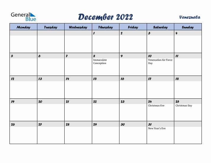 December 2022 Calendar with Holidays in Venezuela