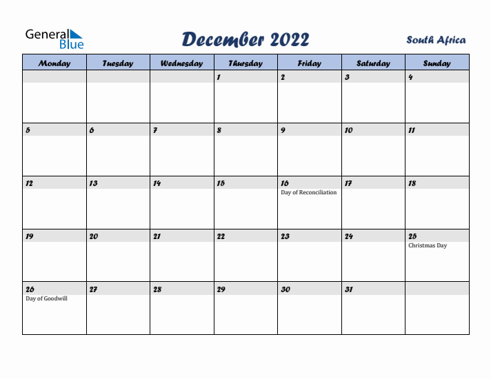 December 2022 Calendar with Holidays in South Africa