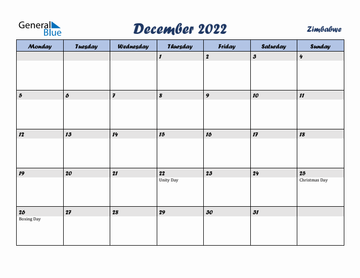 December 2022 Calendar with Holidays in Zimbabwe