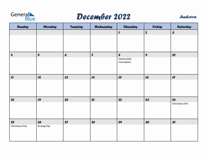 December 2022 Calendar with Holidays in Andorra