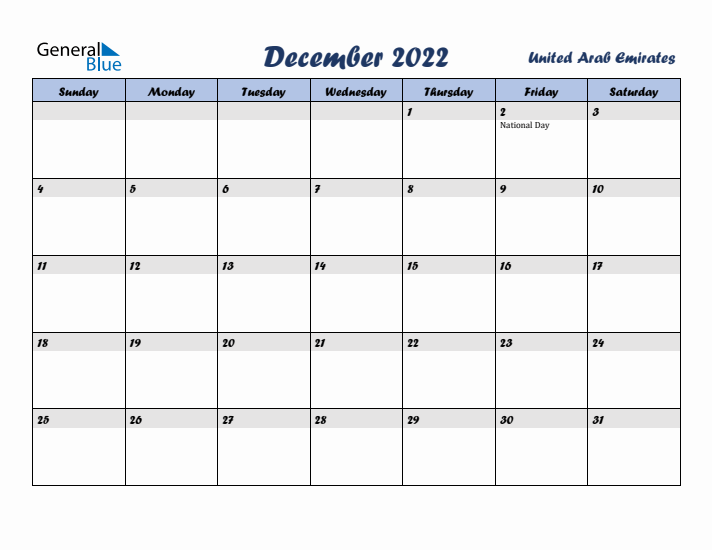 December 2022 Calendar with Holidays in United Arab Emirates