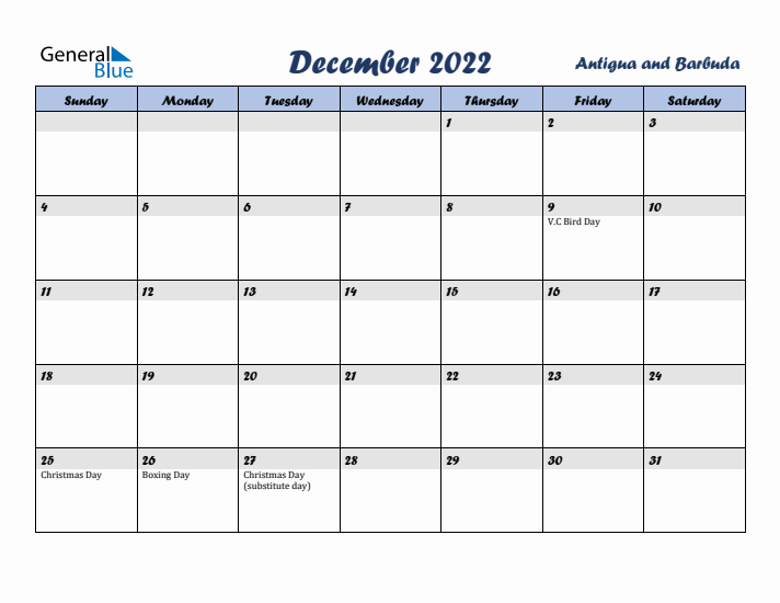 December 2022 Calendar with Holidays in Antigua and Barbuda
