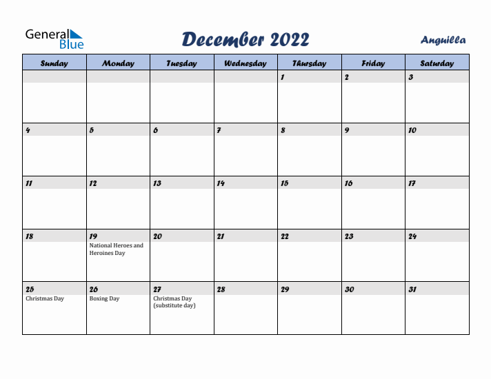 December 2022 Calendar with Holidays in Anguilla