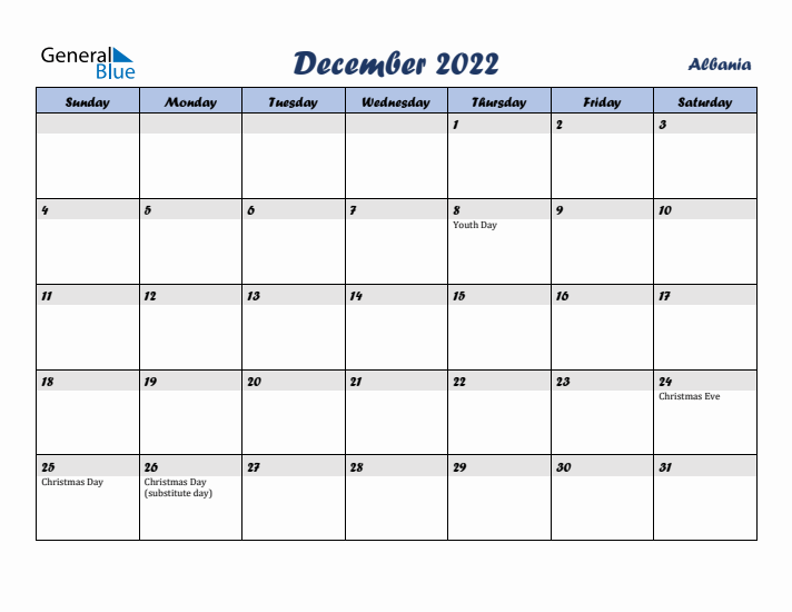 December 2022 Calendar with Holidays in Albania