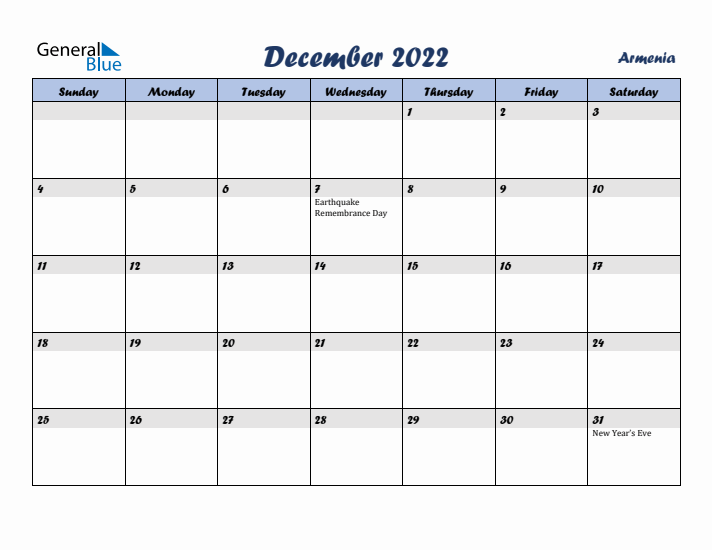December 2022 Monthly Calendar with Armenia Holidays