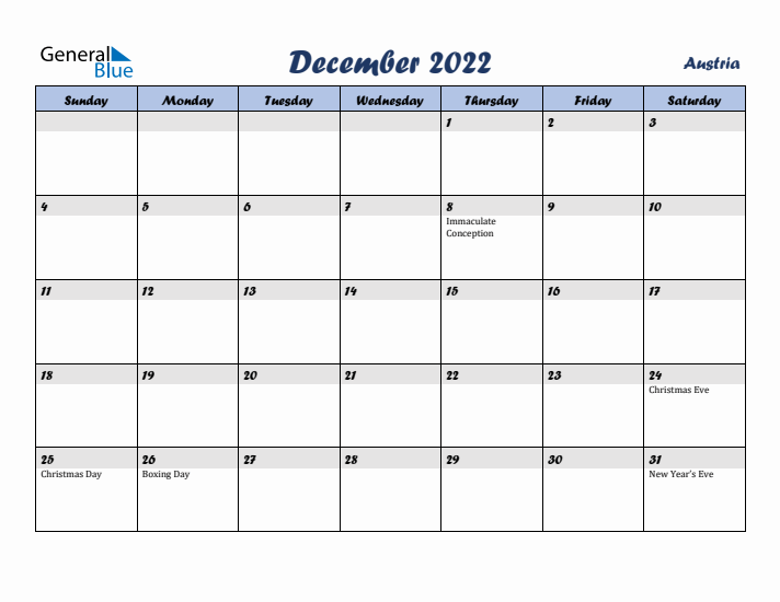 December 2022 Calendar with Holidays in Austria