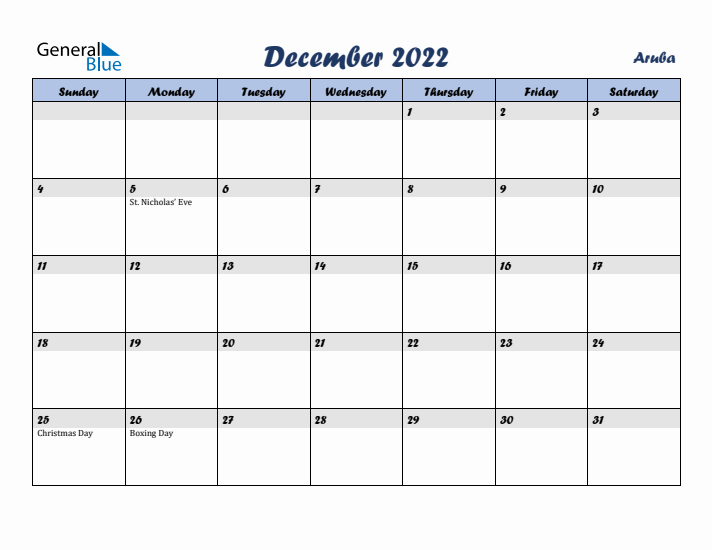 December 2022 Calendar with Holidays in Aruba