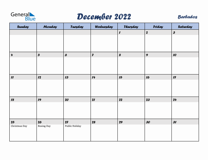 December 2022 Calendar with Holidays in Barbados