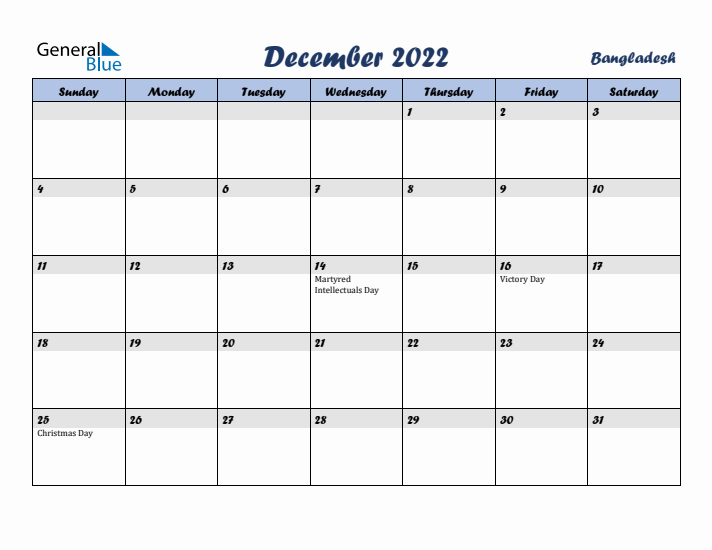 December 2022 Calendar with Holidays in Bangladesh