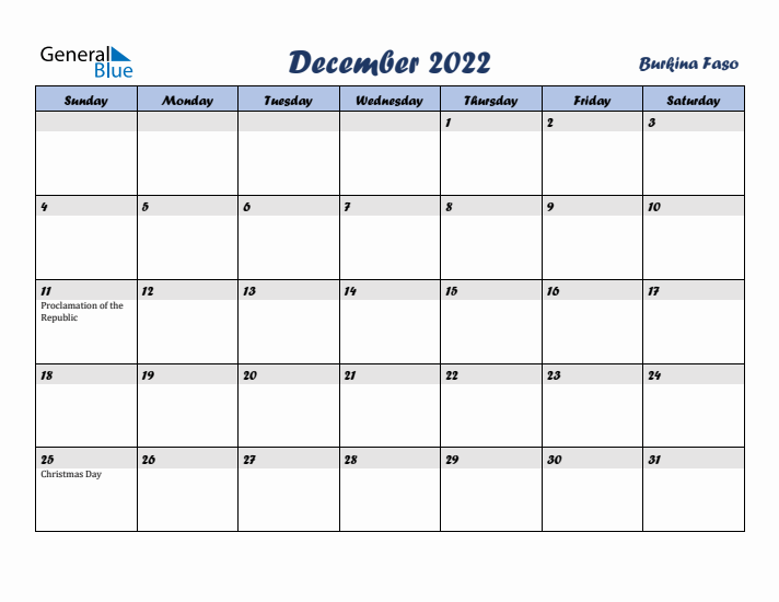 December 2022 Calendar with Holidays in Burkina Faso