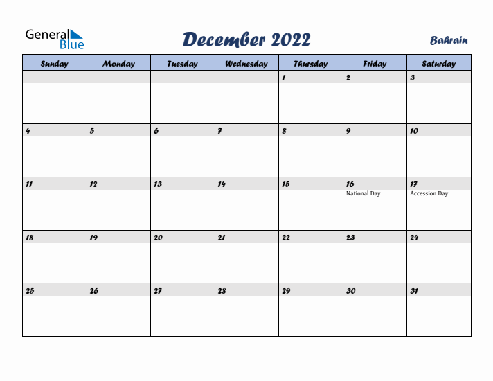 December 2022 Calendar with Holidays in Bahrain