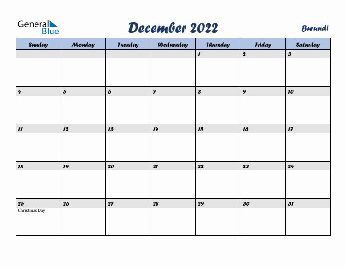 December 2022 Calendar with Holidays in Burundi