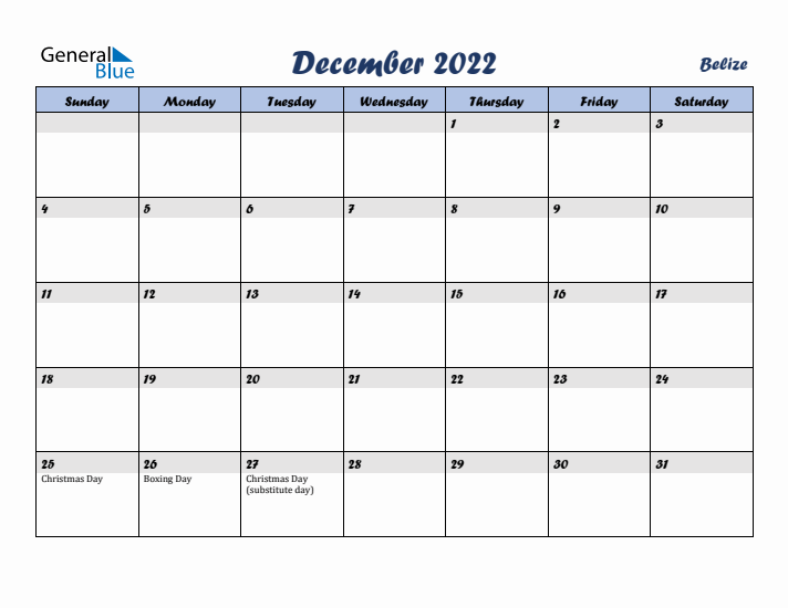 December 2022 Calendar with Holidays in Belize
