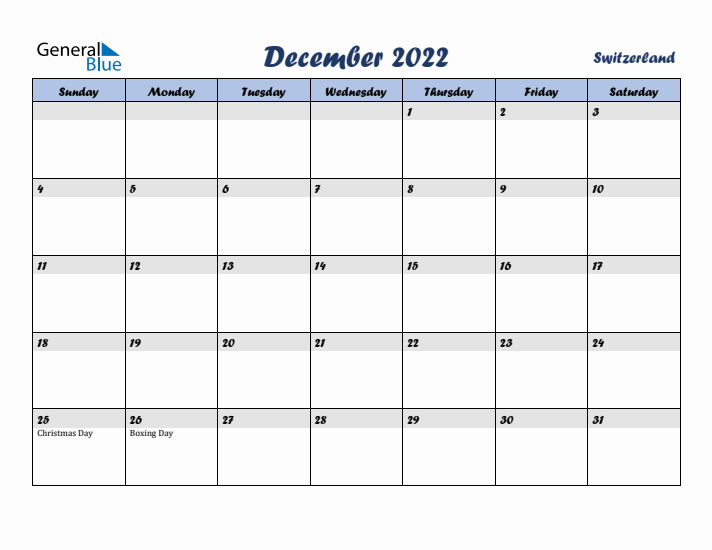 December 2022 Calendar with Holidays in Switzerland