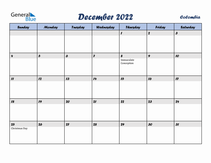 December 2022 Calendar with Holidays in Colombia