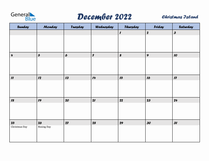 December 2022 Calendar with Holidays in Christmas Island