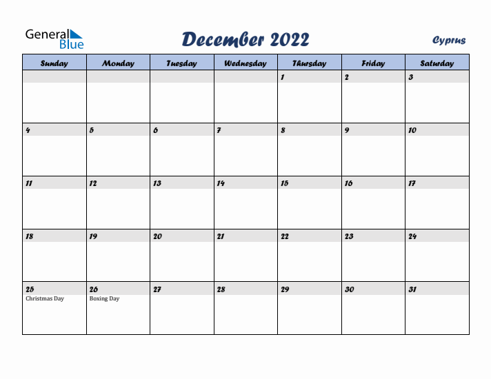 December 2022 Calendar with Holidays in Cyprus
