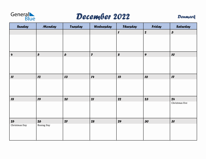 December 2022 Calendar with Holidays in Denmark