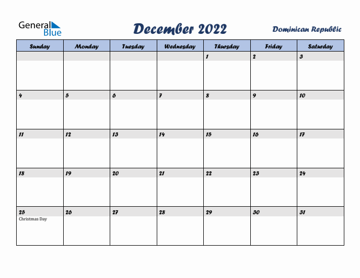 December 2022 Calendar with Holidays in Dominican Republic