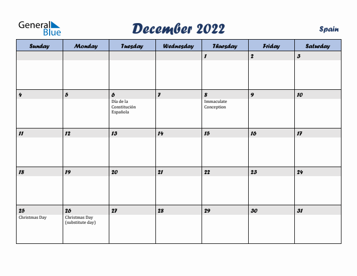 December 2022 Calendar with Holidays in Spain
