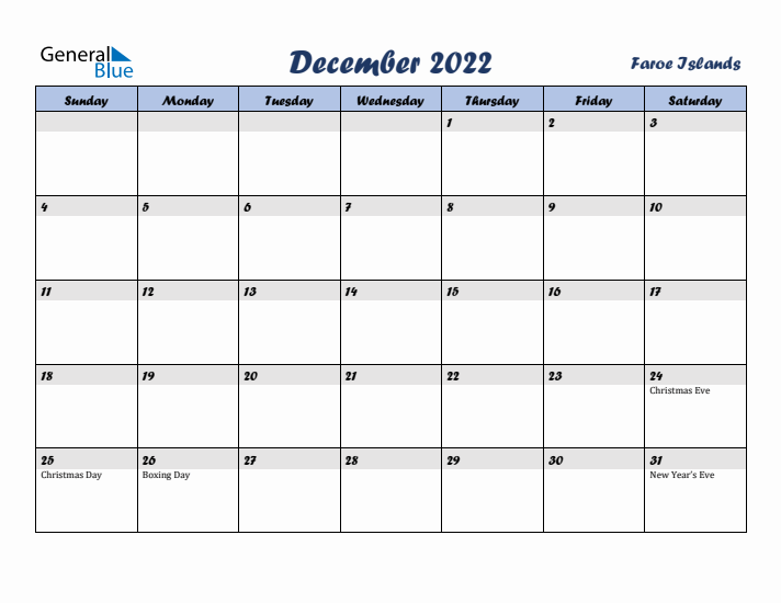December 2022 Calendar with Holidays in Faroe Islands