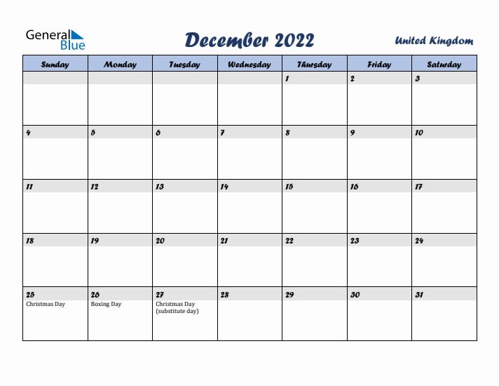 December 2022 Calendar with Holidays in United Kingdom