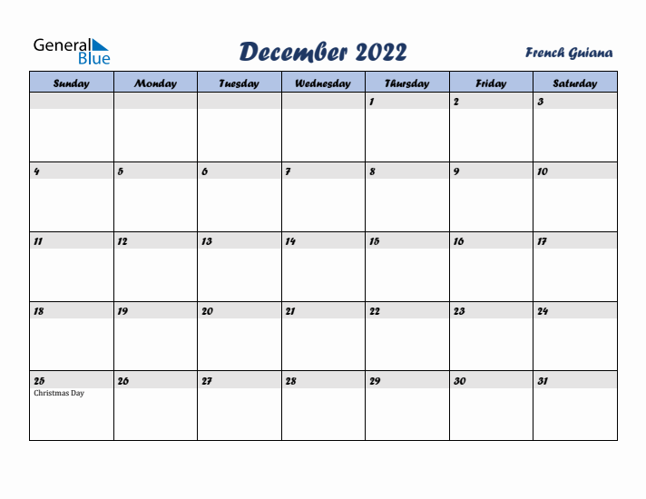 December 2022 Calendar with Holidays in French Guiana