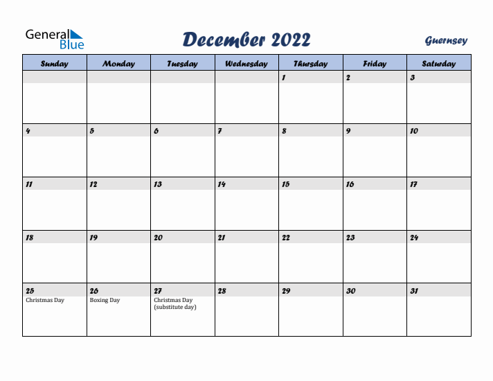 December 2022 Calendar with Holidays in Guernsey