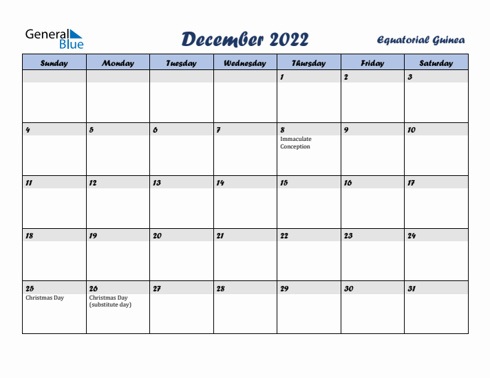 December 2022 Calendar with Holidays in Equatorial Guinea