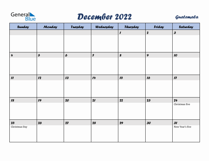 December 2022 Calendar with Holidays in Guatemala