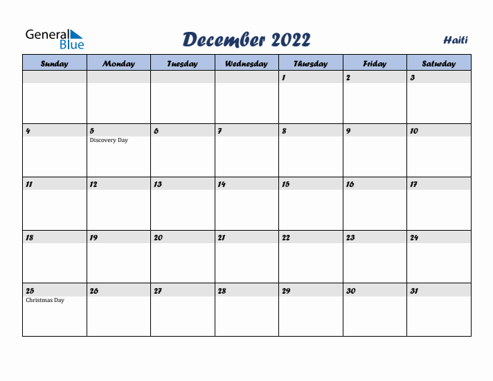 December 2022 Calendar with Holidays in Haiti