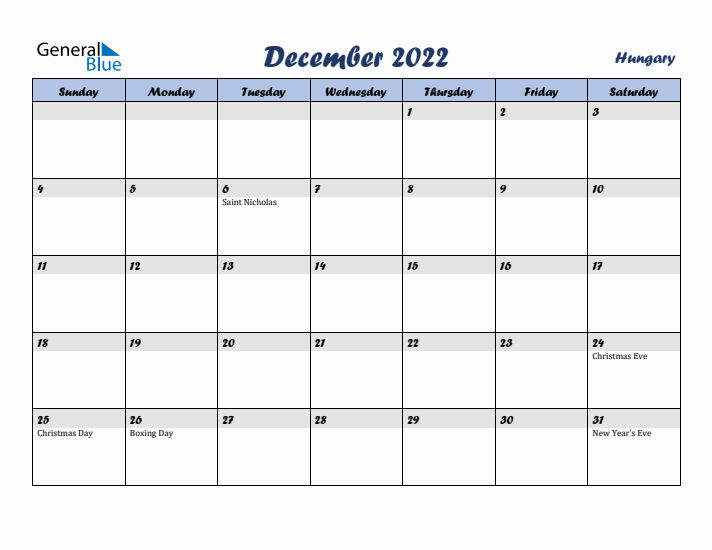 December 2022 Calendar with Holidays in Hungary