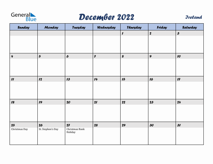 December 2022 Calendar with Holidays in Ireland
