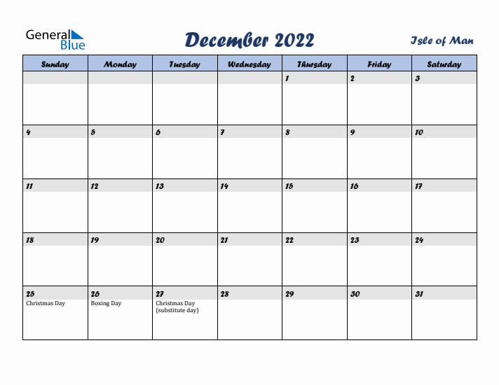 December 2022 Calendar with Holidays in Isle of Man