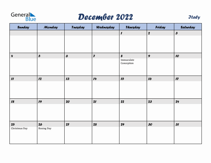 December 2022 Calendar with Holidays in Italy