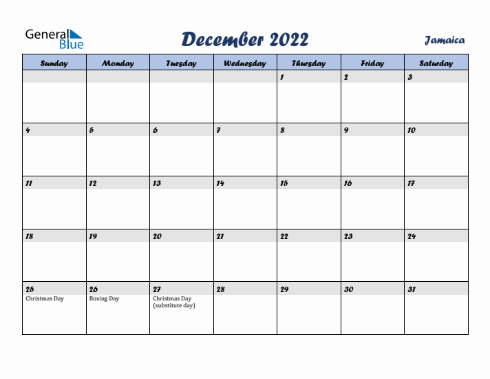 December 2022 Calendar with Holidays in Jamaica