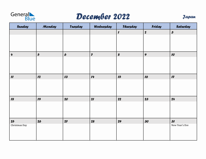 December 2022 Calendar with Holidays in Japan