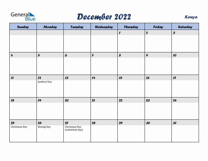 December 2022 Calendar with Holidays in Kenya