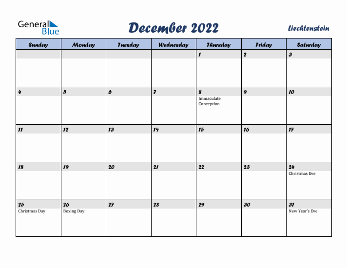 December 2022 Calendar with Holidays in Liechtenstein