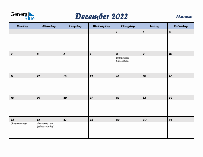 December 2022 Calendar with Holidays in Monaco