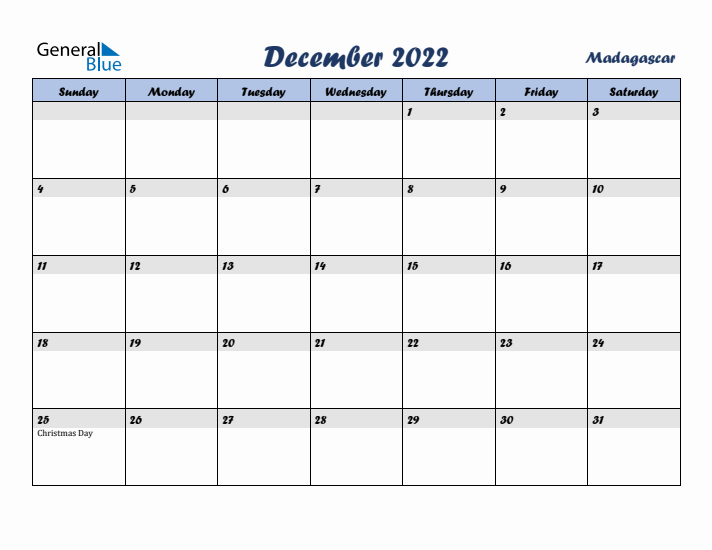 December 2022 Calendar with Holidays in Madagascar